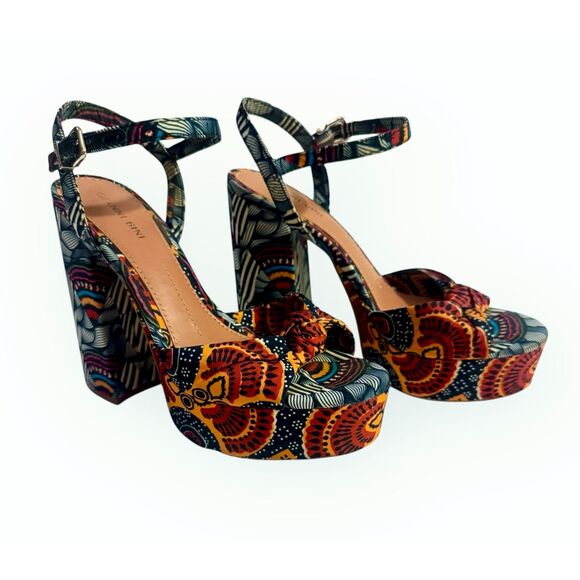 GIANNI BINI sz9 Platform Shoes Blue Red Canvas Retro Block Heel Ankle Strap Sexy - Picture 13 of 16